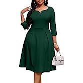 Nmoder Casual Dresses for Women, Fit and Flare A-Line Swing Dress 3/4 Sleeve Church Cocktail Midi Dress with Pockets