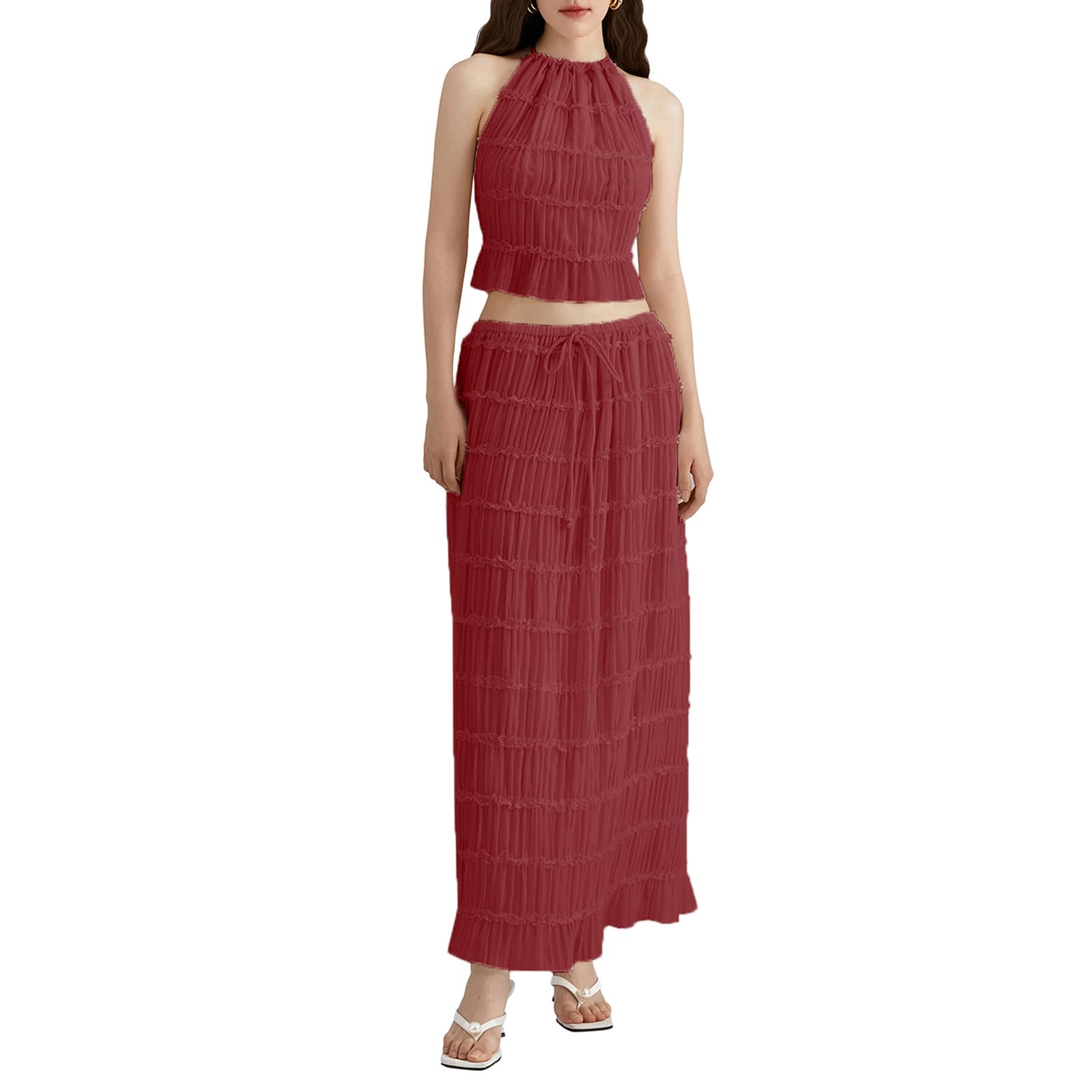Photo 1 of 2 Piece Maxi Skirt Set for Women Lace Up Back Tank Tops Tie Up High Waist Long Skirts Outfits Fairy Vacation Cottagecore Dress medium 