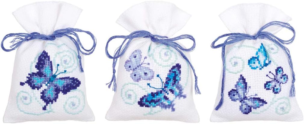 Vervaco Pot-Pourri Bag Blue Butterflies Counted Cross Stitch Kit, Set of 3, Multi-Colour