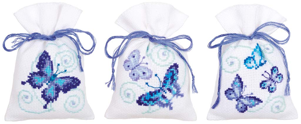 Vervaco Pot-Pourri Bag Blue Butterflies Counted Cross Stitch Kit, Set of 3, Multi-Colour
