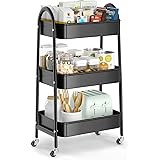 3 Tier Utility Rolling Cart, EAGMAK Metal Storage Cart with Handle and Lockable Wheels, Multifunctional Storage Organizer Tro