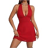 Milumia Women's Deep V Neck Halter Mini Dress Sexy Bow Tie Backless Short Dress