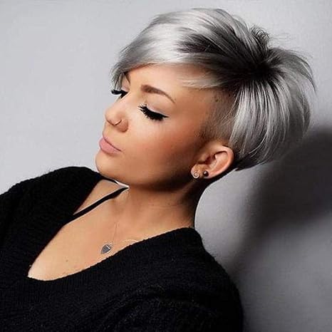 Grey Short Wig Black Roots Pixie Cut Hair Straight With Side