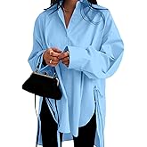 Oversized Button Down Shirts for Women Long Sleeve Boyfriend Shirt Dress Casual Collar Sexy Split High Low Blouse 100% Cotton