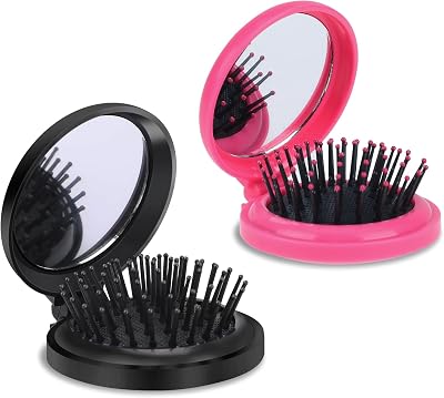 Mozeat Lens Round Folding Hair Brush with Mirror 2Pcs Black & Rose Red