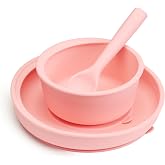 Munchkin Silicone Baby Feeding Set, Toddler Suction Bowl, Plate and Spoon, Baby Led Weaning and Infant Self Feeding, C&rsquo;est Silicone! Mealtime Set, 4 Months and Up, BPA Free, Coral