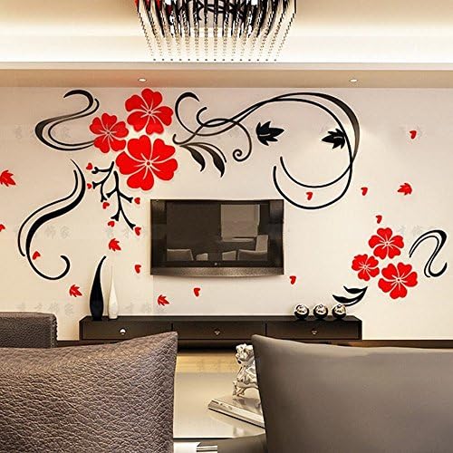 Red Flower TV Wall Sticker Acrylic Red Blossom Floral 3D Wall Sticker, Chinese Style Removable TV Wall Art Decal Wall Mural For Living Room Decoration, 47 x 27.5 Inch (Red and Black)