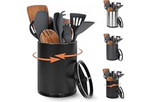 Nigelia Extra Large Kitchen Utensil Holder, 360° Rotating Stainless Steel Cooking Utensil Holder for Countertop, 3 Compartmen