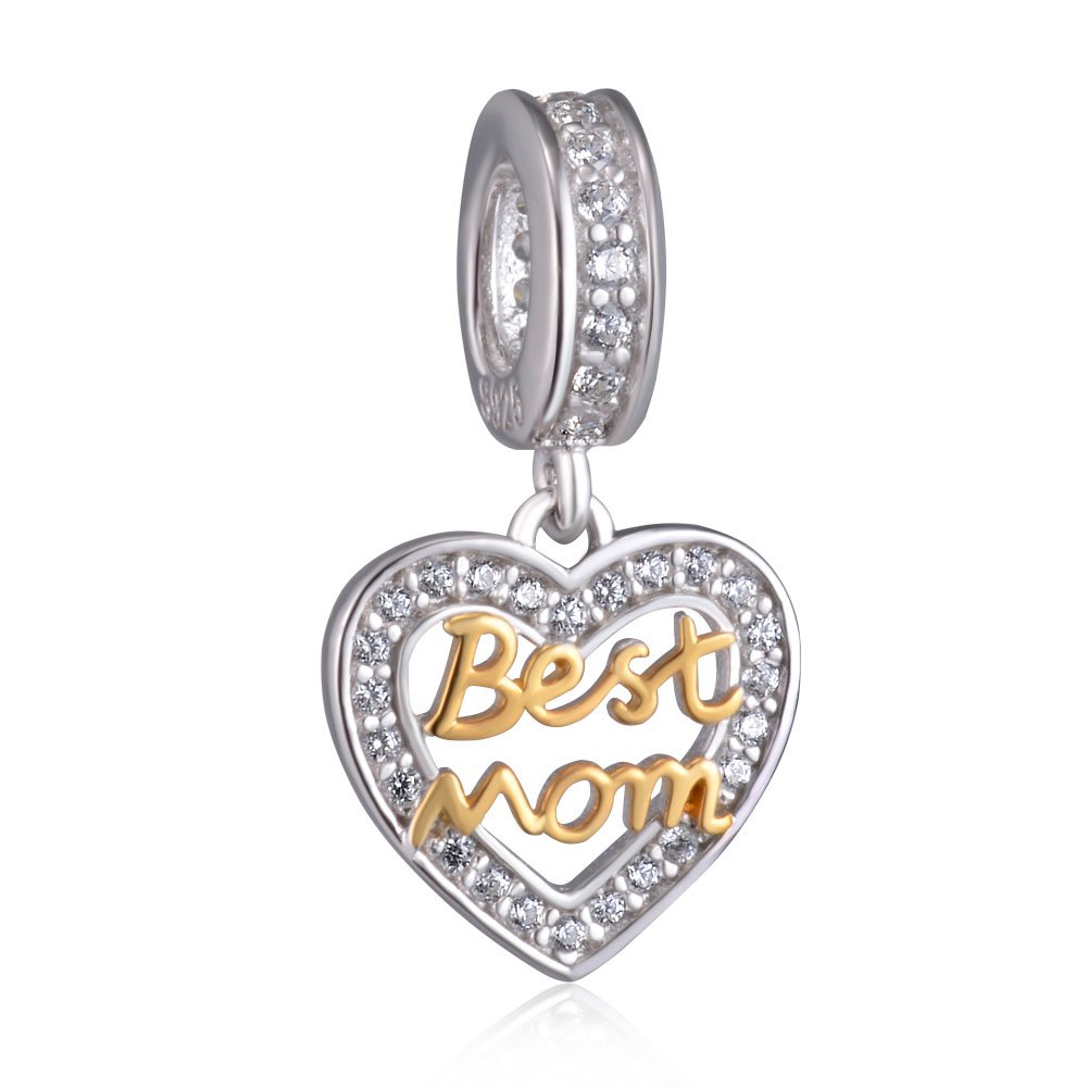 Best Mom Heart Bracelet Charms for Women - 925 Sterling Silver Dangling Pendant - Fit Pandora Charm Bracelets, Necklaces, European Snake Chains - Mother’s Day/Thanksgiving Gifts.