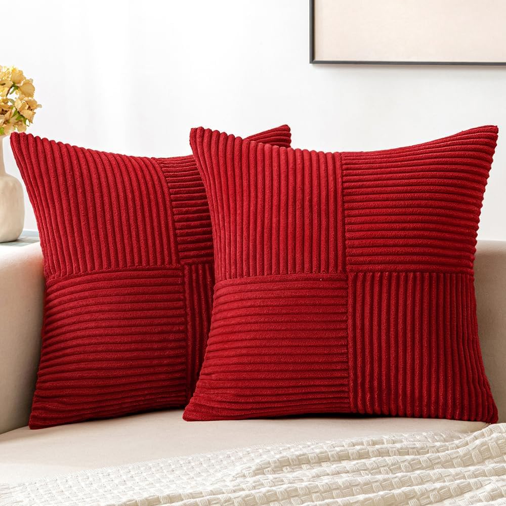 Photo 1 of MIULEE Christmas Red Corduroy Pillow Covers Pack of 2 Boho Decorative Spliced Throw Pillow Covers Soft Solid Couch Pillowcases Cross Patchwork Cushion Covers for Living Room Bed Sofa 18x18 inch