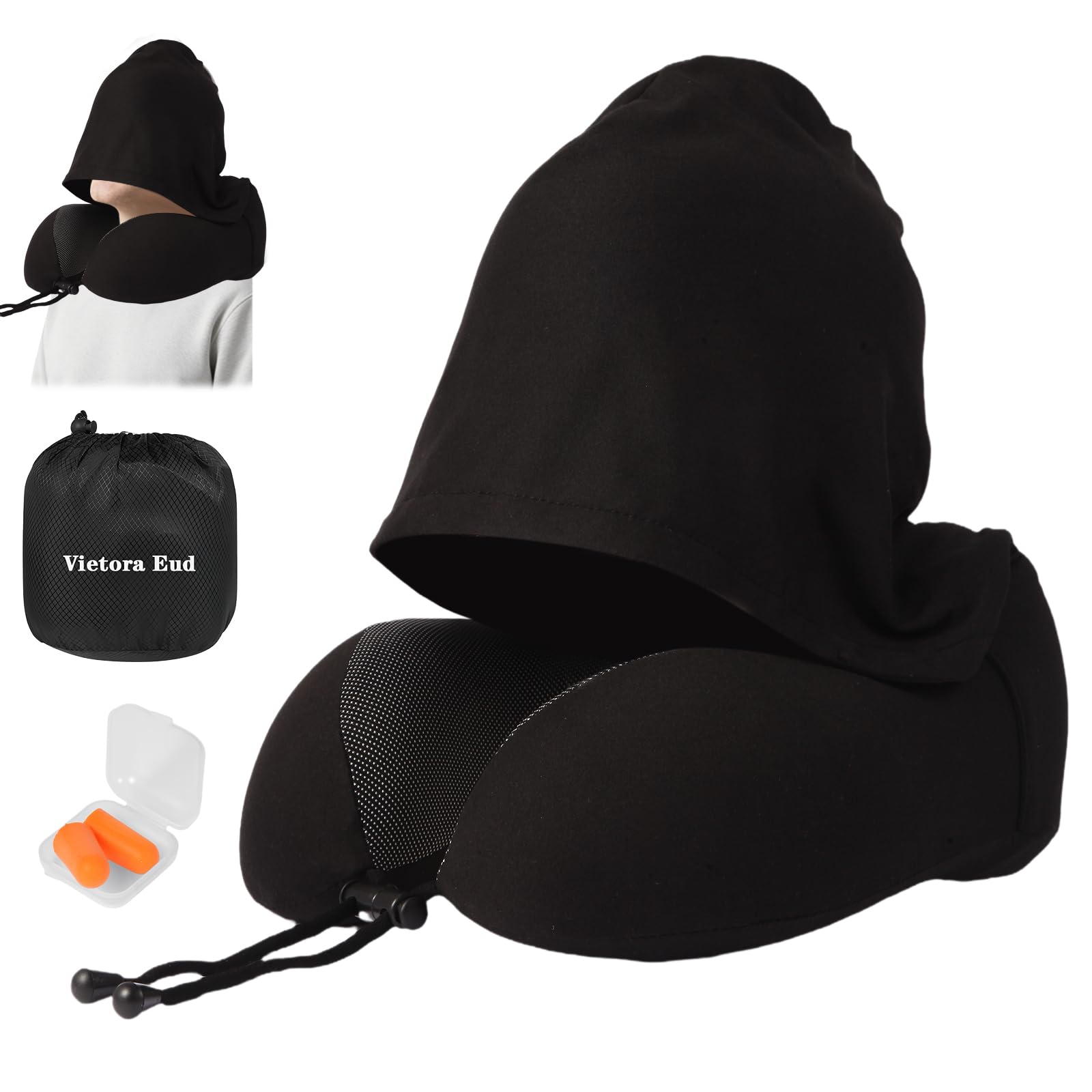 MILKSILK Travel Neck Pillow with Adjustable Hood – 100% Light Blocking Memory Foam Neck Support Pillow for Airplane, Car, Office – Breathable & Portable with Earplug Holder & Carry Bag (Black)