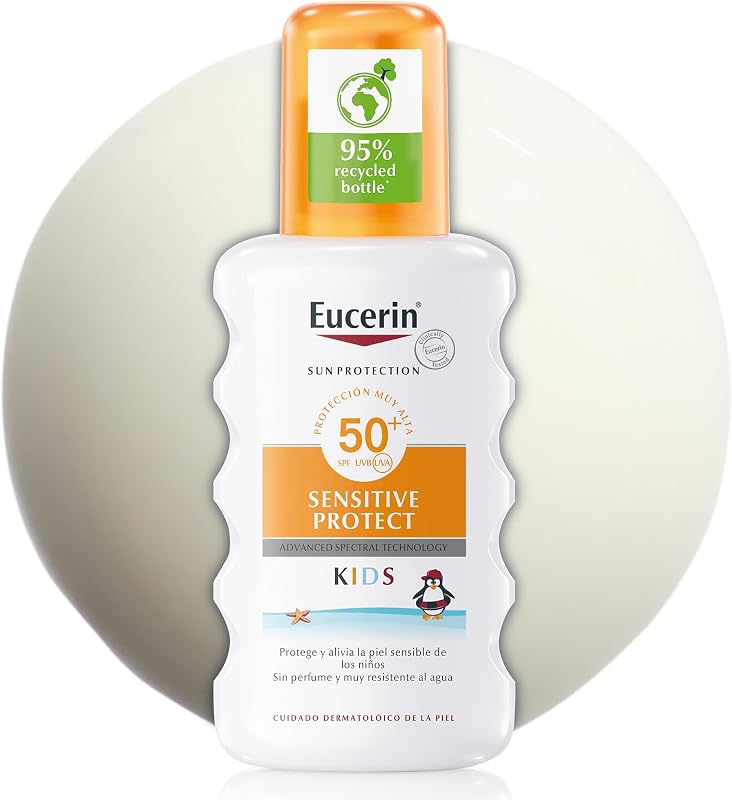 Sun Kids Sensitive Protect Spray FPS 50+ (200 ml), crema de sol con filtros UV, protector solar infantil en spray resistente al agua, protección solar para pieles sensibles