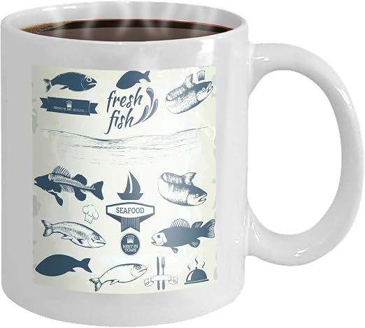 Amazon Com Coffee Mug Tea Cup Best Gift Idea For Mom Girlfriend Her Friends Coworkers 11 Ounce Big Ceramic White Coffee Mug Fish Seafood Labels Packaging Design Fishing Logo Elements Graphic Kitchen Dining