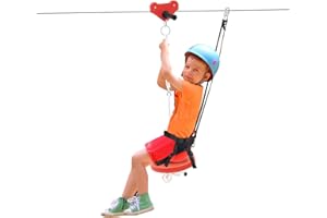 KEARIXM Zip Line Kit, 160ft Outdoor Zipline Set for Kids and Adults with 330 lbs Weight Capacity Removable Trolley Spring Brake System Safety Harness and Seat Galvanized Steel Cable Easy to Install