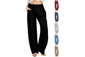 AQAYL Linen Pants Women Summer Wide Leg Pants Drawstring Elastic Waist Pants High Waisted Lounge Pants Casual Beach Trousers