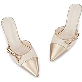 Coutgo Womens Bow Tie Mules Heels Two Tone Closed Pointed Toe Slip On Backless Wedding Dress Shoes Pumps