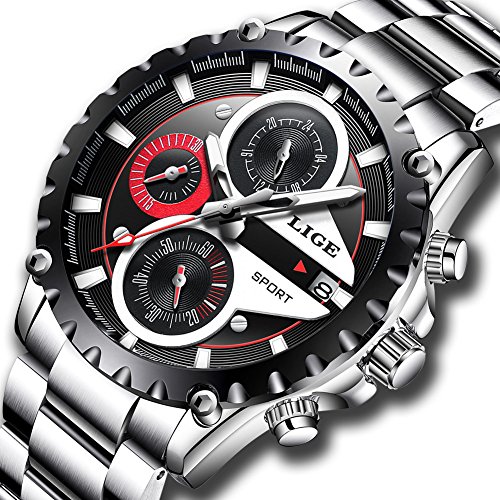Mens watch stainless steel silver strap watches waterproof lige a…