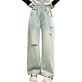 Milokado Kids Girls Jeans Washed Elastic Waist Baggy Wide Leg Jeans Size 4-14 Years