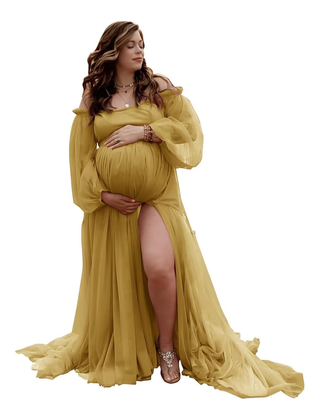 Verngo Gold Off Shoulder Maternity Dress for