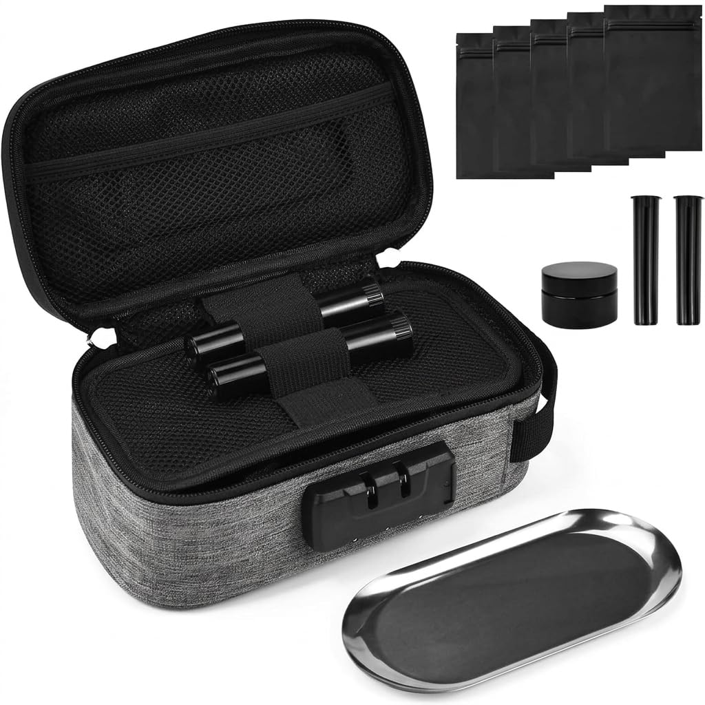 KNGNGK Odor-Proof Storage Bag with Combination Lock Lightweight and Portable Travel Case with Activated Carbon Technology Includes Odor-Proof Baggies Jars and Tray for Home Office and Travel