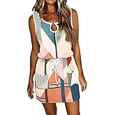 Womens Summer Causal Loose Sleeveless Crew Neck Drawstring Waist Mini Short Dress with Pockets