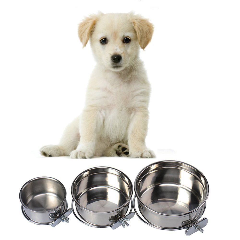 Pet Dog Coop Cups Stainless Steel Feeding Bowl with Clamp - Detachable Dog Cat Cage Kennel Hanging Bowl Metal Food Water Feeder (M)