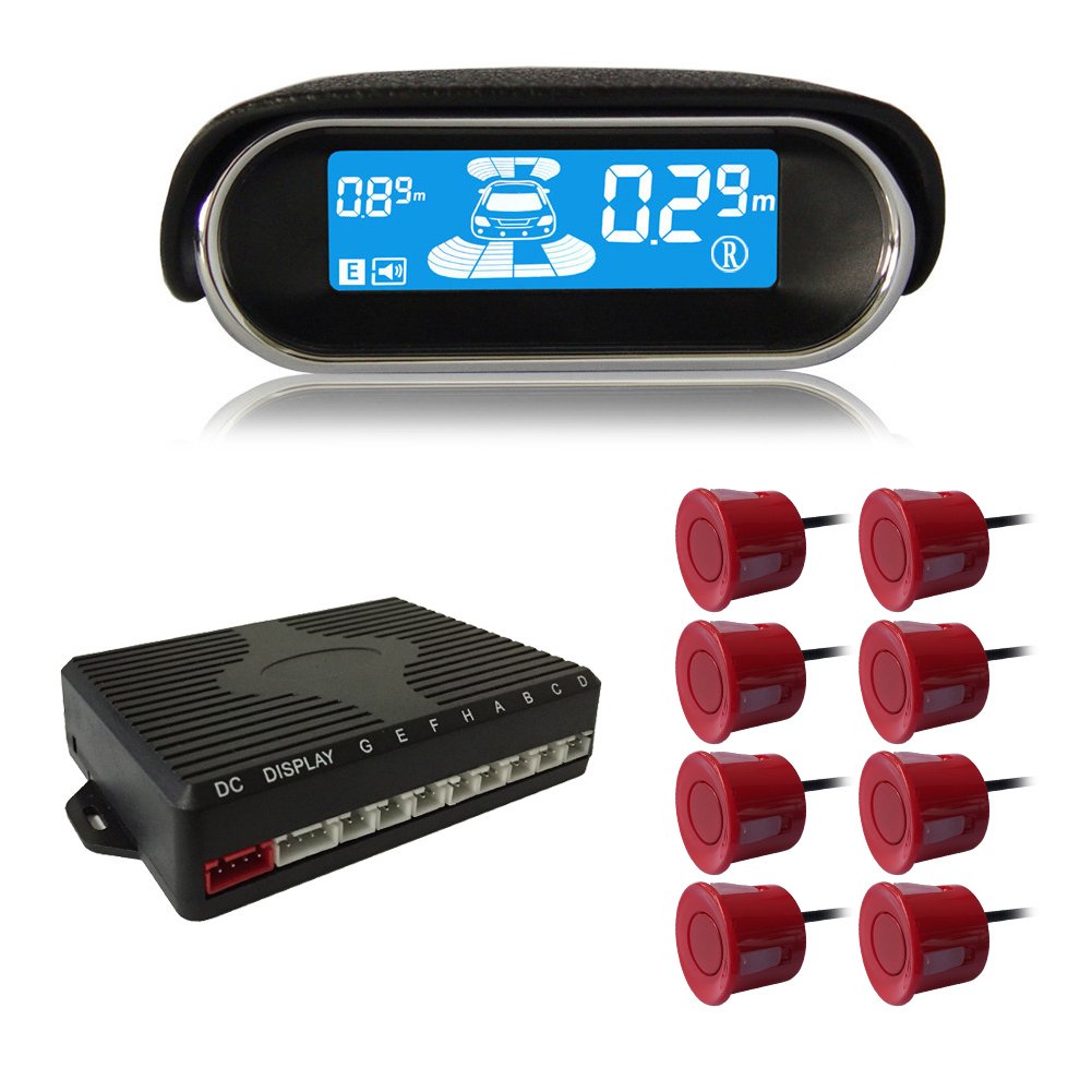BeneGlow® Dual-core Front and Rear LCD Display Car Vehicle Reverse Backup Radar System with Parking Sensors (8 Sensors, Dark Red)