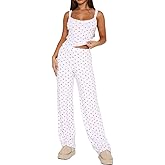 SOLILOQUY Women 2 Piece Pajama Set Sleeveless Lace Patchwork Cami Crop Top and Pants Y2K Floral Print Lounge Sleepwear PJ Set