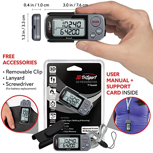3DTriSport Walking 3D Pedometer with Clip and Strap, Free eBook 30