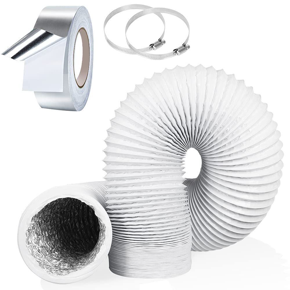 YIJUHOU 4Inch 5FT Tumble Dryer Vent Hose, White Aluminum Ducting for 100mm Diameter Standard Dryer Vent, Extractor Fan, Grow Tent, 2 Hose Clamps and 1 Aluminum Foil Tape Included