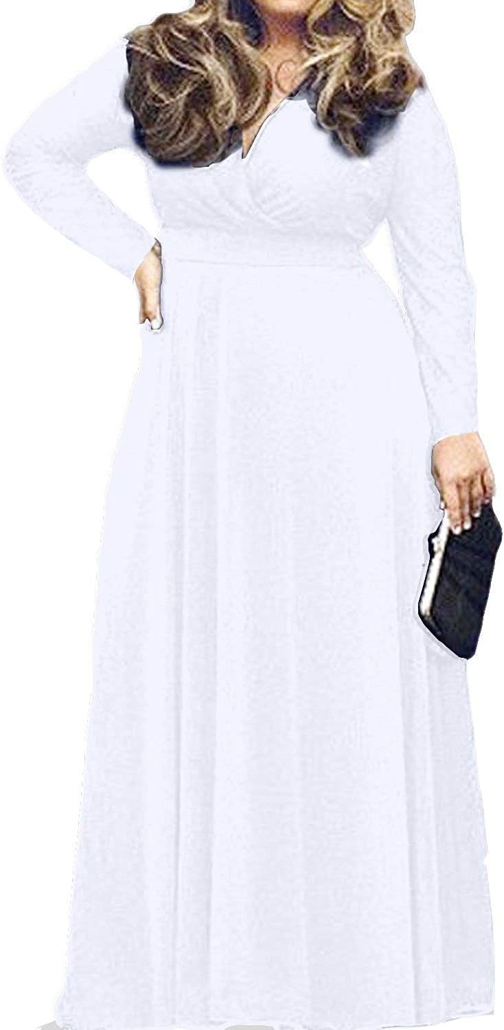 Women's Solid V-Neck Long Sleeve Plus Size Evening Party Maxi Dress