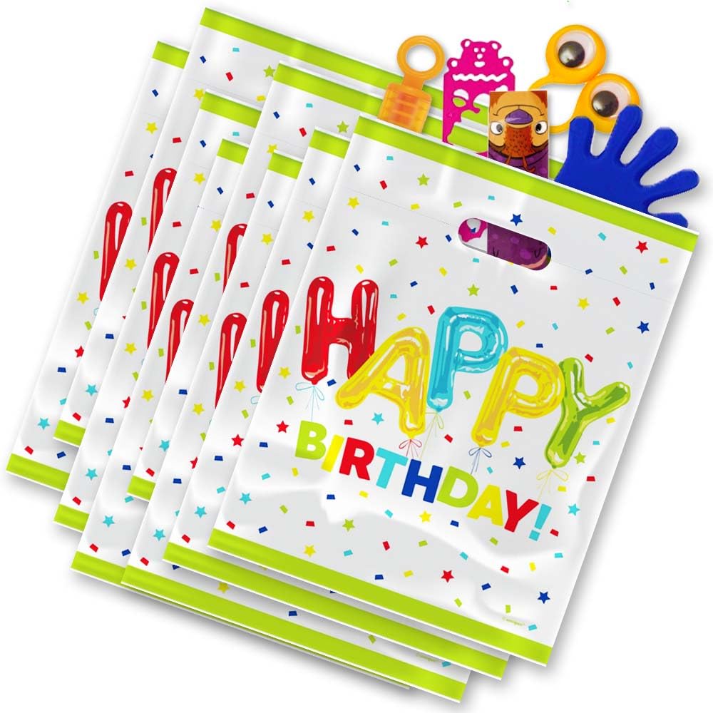 Happy Balloon Birthday Loot Bags (17cm x 27cm) - Perfect for Kids Celebrations & Party Favors - 8ct