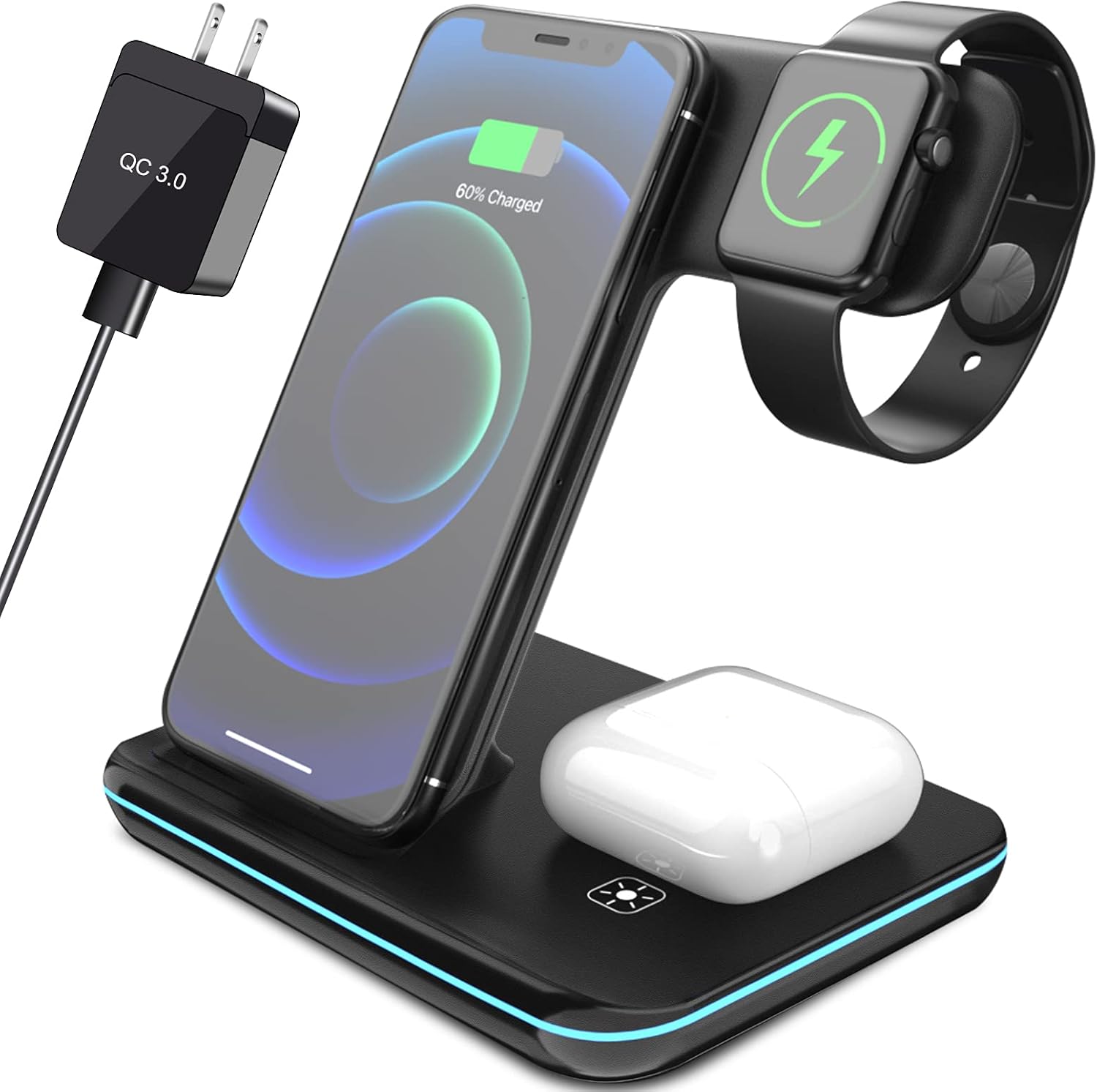 Wireless Charging Station, 2021 Updated 3 in 1 Wireless Fast Charger Stand Dock Compatible for iPhone 12/11/ Pro/MAX/XS Max/XR/X/8 Plus, Samsung, iWatch and Airpods2 /Pro (with QC3.0 Adapter)