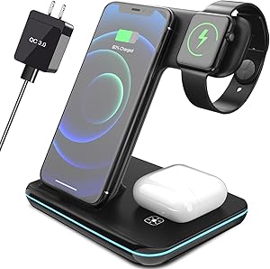 Wireless Charging Station, 2021 Updated 3 in 1 Wireless Fast Charger Stand Dock Compatible for iPhone 12/11/ Pro/MAX/XS Max/XR/X/8 Plus, Samsung, iWatch and Airpods2 /Pro (with QC3.0 Adapter)