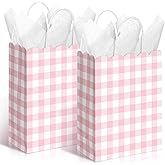 Kolldenn 24 Pcs Gingham Party Supplies Pink and White Gift Bags 8.27 x 6.3 x 3.15 Inch Kraft Paper Checkered Plaid Candy Goodie Party Favors Bags for Easter Picnic BBQ Birthday Baby Shower Wedding