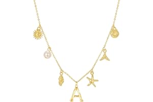 TOLOWOBK Gold Initial Charm Necklaces for Women Girls Boho Surfer Letter A Necklace 14K Gold Plated Pendant Alphabet Choker Necklace Personalized Monogram Name Shell Necklace Beach Jewelry for Women