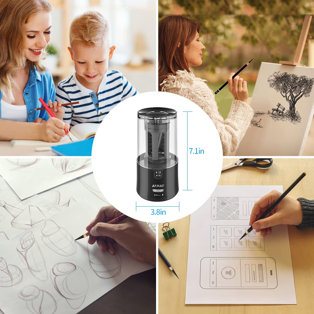 AFMAT Electric Long Point Pencil Sharpener for Artist, Fast Sharpen & Auto Stop, 8-17mm Super Long Point, Professional Artist Pencil Sharpener Plug in for φ6-12mm Charcoal/Drawing/Colored Pencils