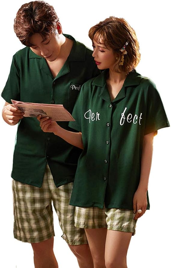 Amazon ペアルック ルームウェアペア パジャマ ギフト 上下2点セット綿 チェック柄 ペア パジャマ 半袖 レディース ルームウェア メンズ パジャマ 前開きパジャマ 寝間着 プレゼント 父の日 母の日 結婚祝い 緑 夏用 お揃い パジャマ ルームウェアセット 通販