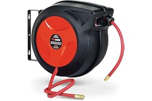 ReelWorks Air Hose Reel Retractable 3/8" Inch x 50' Foot Hybrid Polymer Red Hose Max 300PSI Commerical Polypropylene Construction