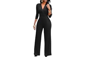 FANDEE Formal Jumpsuits for Women, High Waist Wide Leg Rompers Business Work 3/4 Sleeve One Piece Outfits with Pockets
