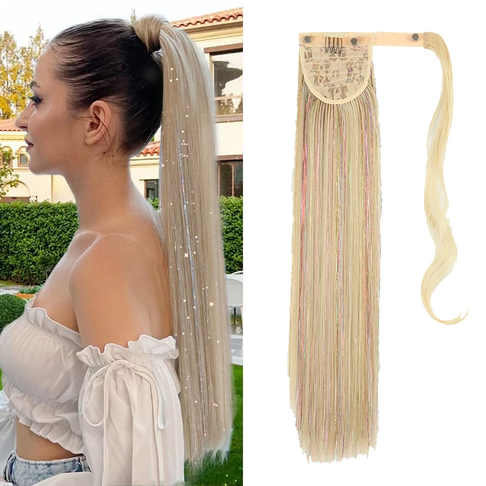 Ponytail Extensions Long Straight Ponytail Hair Extension for braiding Glitter Tinsel Pony Tail Hair pieces Hair extension for Women Girls (22/613 Ash Blonde Mix dark blonde) — image 1