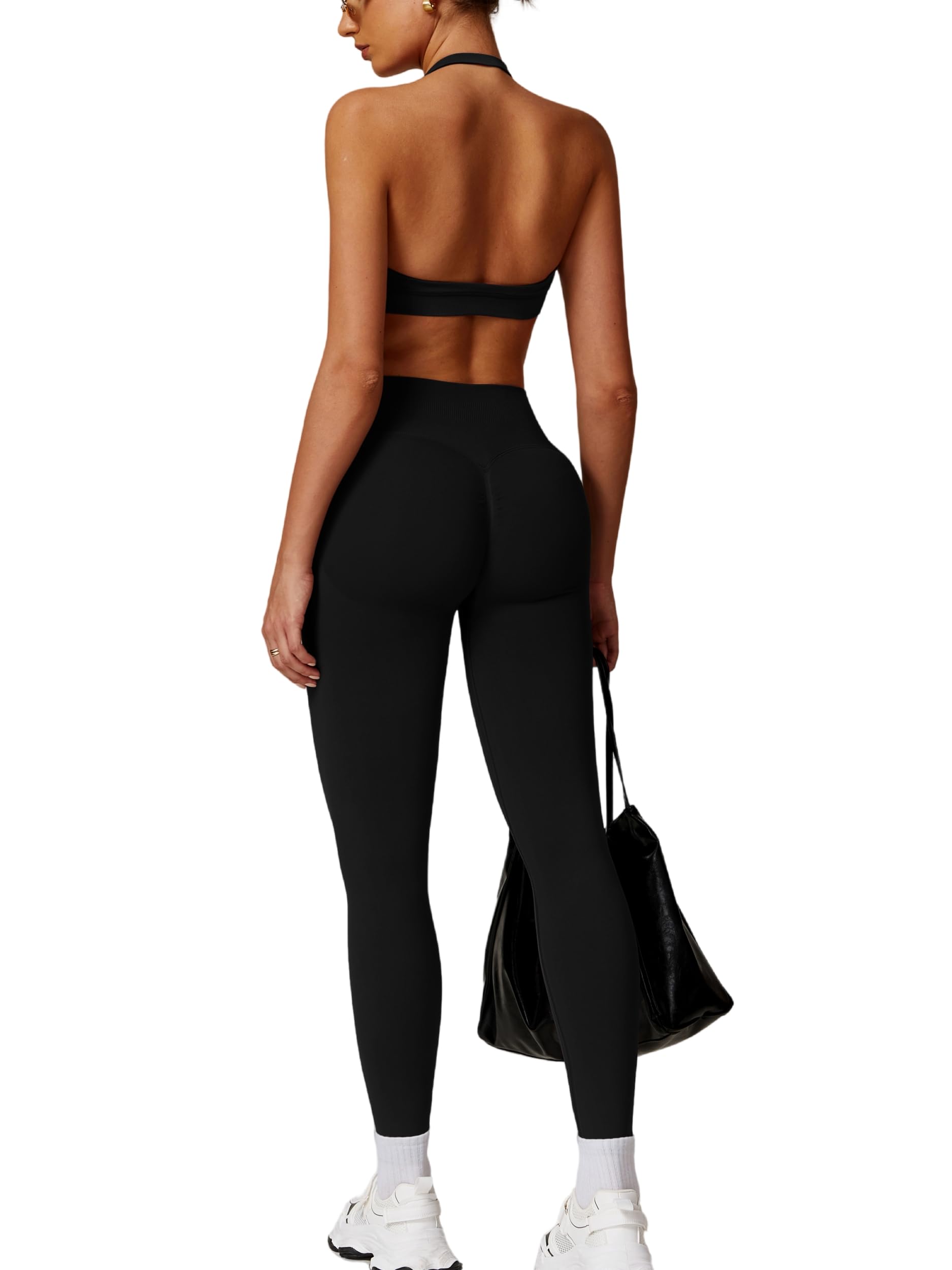Photo 1 of ABOCIW Workout Sets for Women 2 Piece Seamless High Waist Scrunch Butt Leggings Padded Halter Sports Bra 2 Piece Yoga Gym Outfits Black Medium