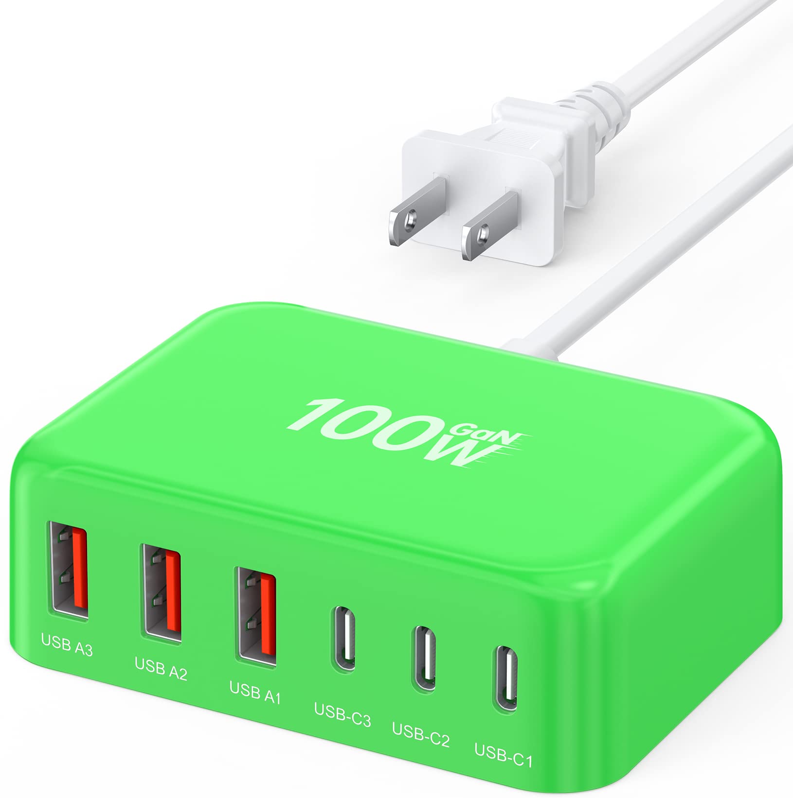 View 1 of [2026 Updated] USB C Fast Charger, 100W GaN 6 Port Type C Charging Station Hub Block Cube, USB C Wall Charger Power Strip Adapter Plug for iPad iPhone 17 16 15 14 Pro Max Pixel Note Galaxy, 5ft Cord