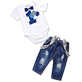 Pinleck Toddler Baby Boy Birthday Clothes Set Bowtie Romper Suspenders Ripped Denim Pants Outfits