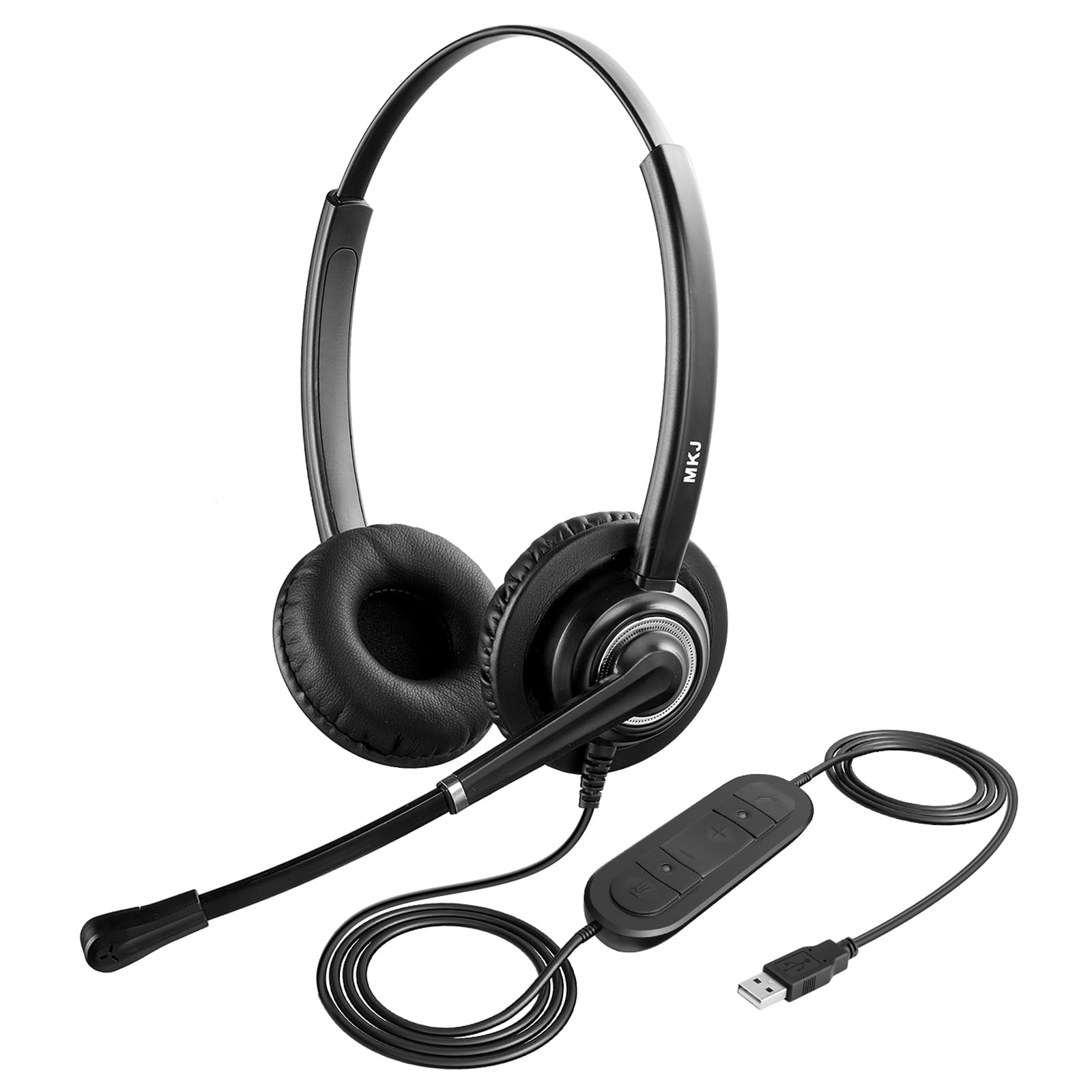 MKJ USB Headset with Microphone for Laptop, Call Center Office Computer Headset with Mute, Noise Canceling Wired USB Headphone for Business Calls, Zoom, Teams, Webex, Virtual Classes, Webinars etc