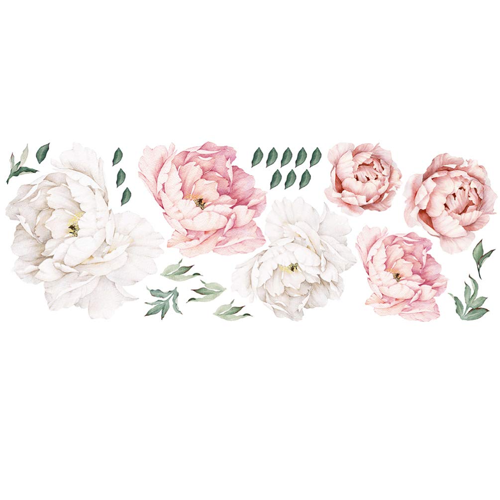 Wakauto Peony Wall Stickers, Romantic Floral Mural DIY Removable Vinyl Decals Home Decorative for Bedroom Living Room