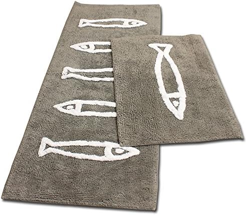 Fish Pattern Gray Area Rug, Kitchen Mat, Door & Bath Rug, Decorative, Stylish Designs ([SET] 43x17 + 23x15)