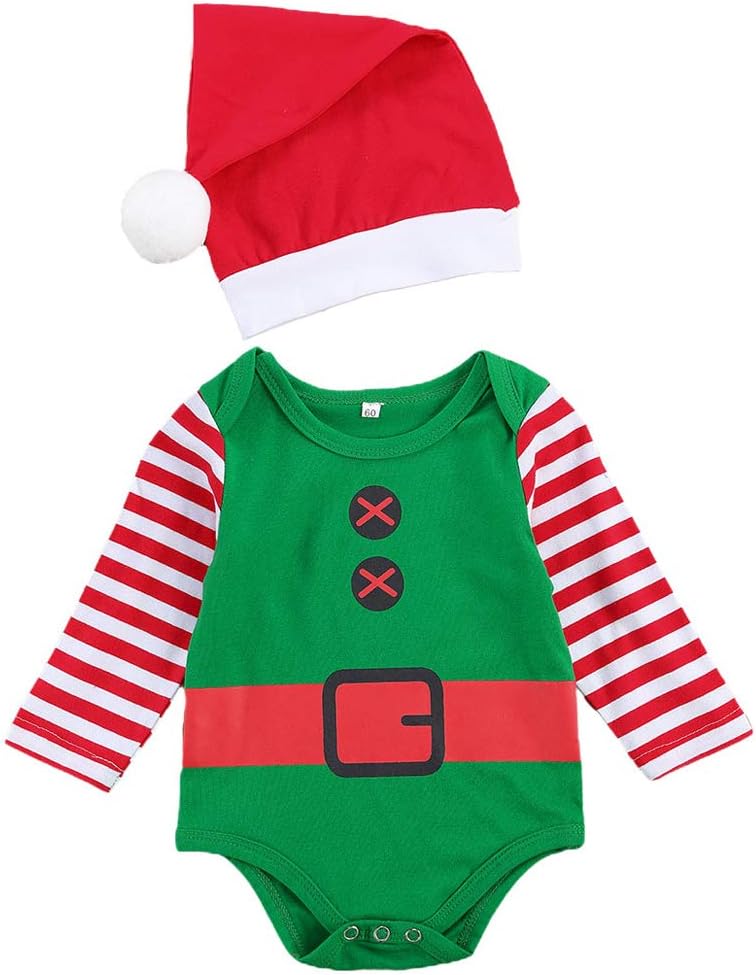 Newborn Baby Girl Boy Christmas Outfits Santa Clause Elf Romper Jumpsuit Long Sleeve Bodysuit with Hat Xmas Clothes