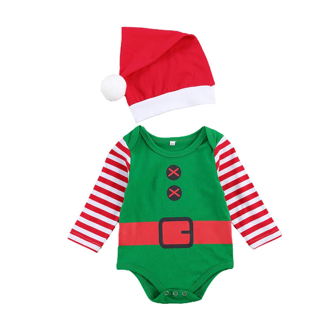 Newborn Baby Girl Boy Christmas Outfits Santa Clause Elf Romper Jumpsuit Long Sleeve Bodysuit with Hat Xmas Clothes