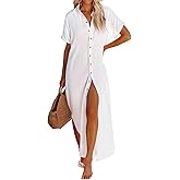 Dokotoo Womens Casual Short Sleeve Side Split Button Down Long Kimonos Cardigans Swimsuit Cover Ups Summer Beach Dress